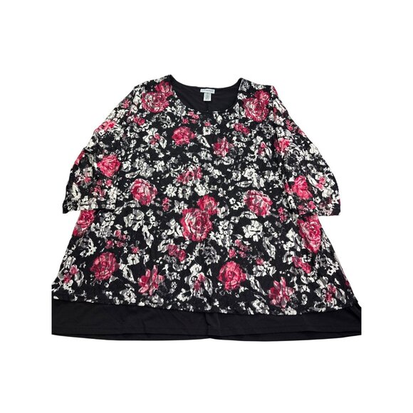 Catherines Womens Floral Lace Overlay Tunic Top Size 2X 22/24W Black White Pink - Picture 1 of 8